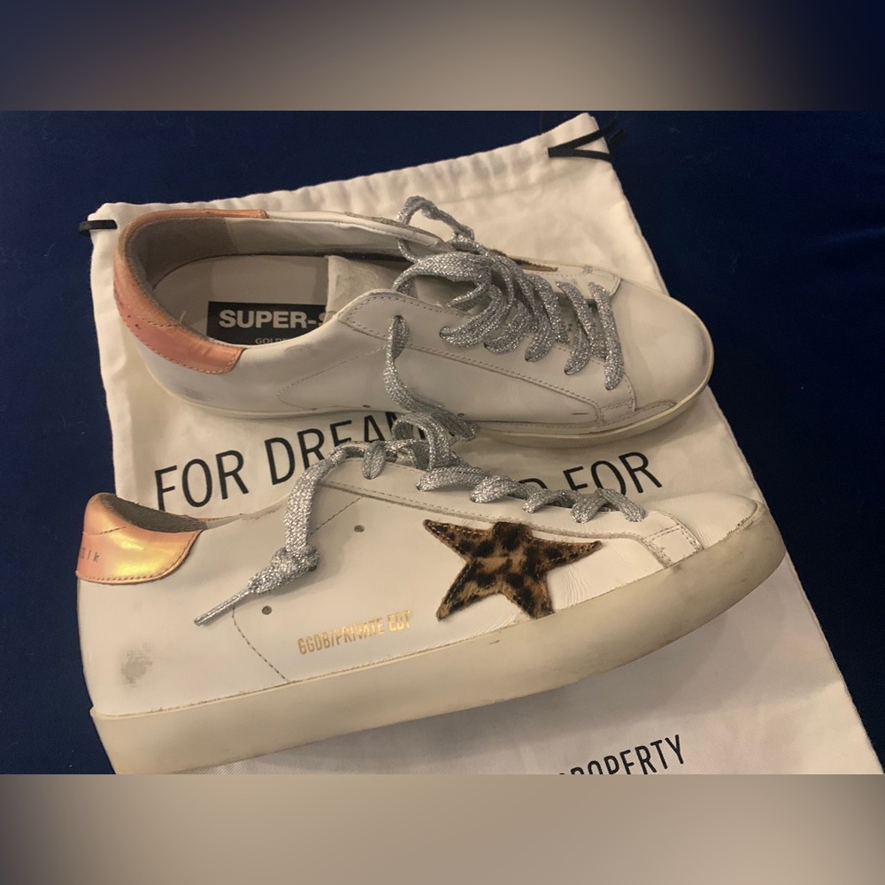 Authentic Golden Goose with leopard print star and silver laces